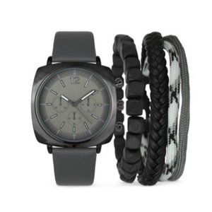INC Men's Gray Faux-Leather Strap Watch 45mm & 3-Pc. Bracelet Set NIB